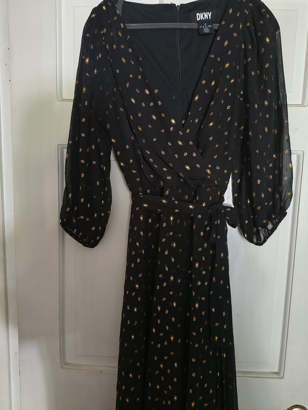 DKNY Black Long Sleeve Wrap Dress with Gold Dot Print